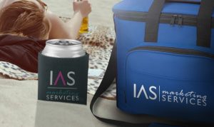 cooler and coozie promotional products with IAS marketing services logo